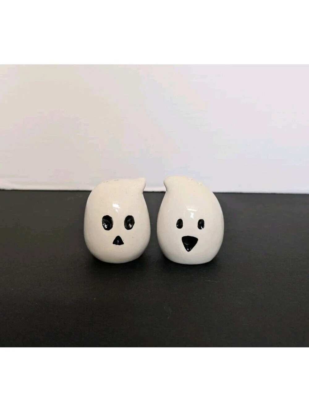 Cute White Ceramic Ghost Salt and Pepper Shakers W/ Painted Black Eyes & Mouth